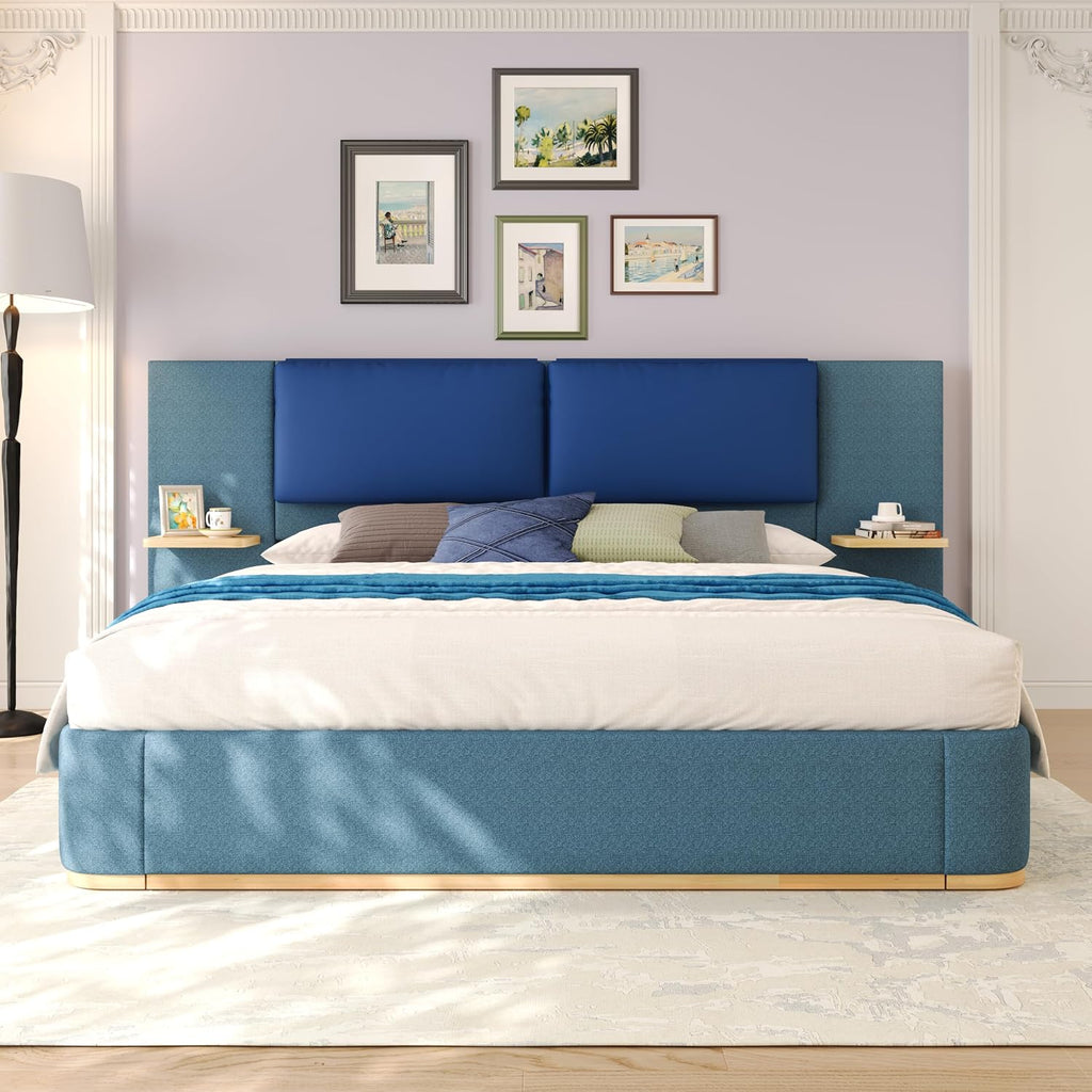 Merax King Size Upholstered Platform Bed Frame with Large PU Leather Headboard and Bothside Shelves, Modern Bedroom Furniture & Solid Wood Slats Support, No Box Spring Needed, Easy Assembly, Blue