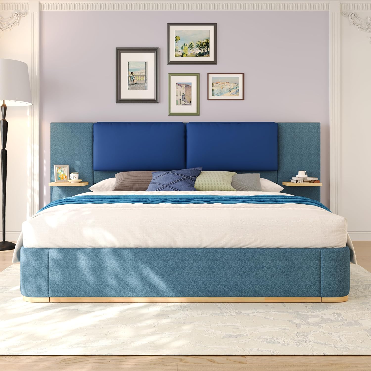 Merax King Size Upholstered Platform Bed Frame with Large PU Leather Headboard and Bothside Shelves, Modern Bedroom Furniture & Solid Wood Slats Support, No Box Spring Needed, Easy Assembly, Blue