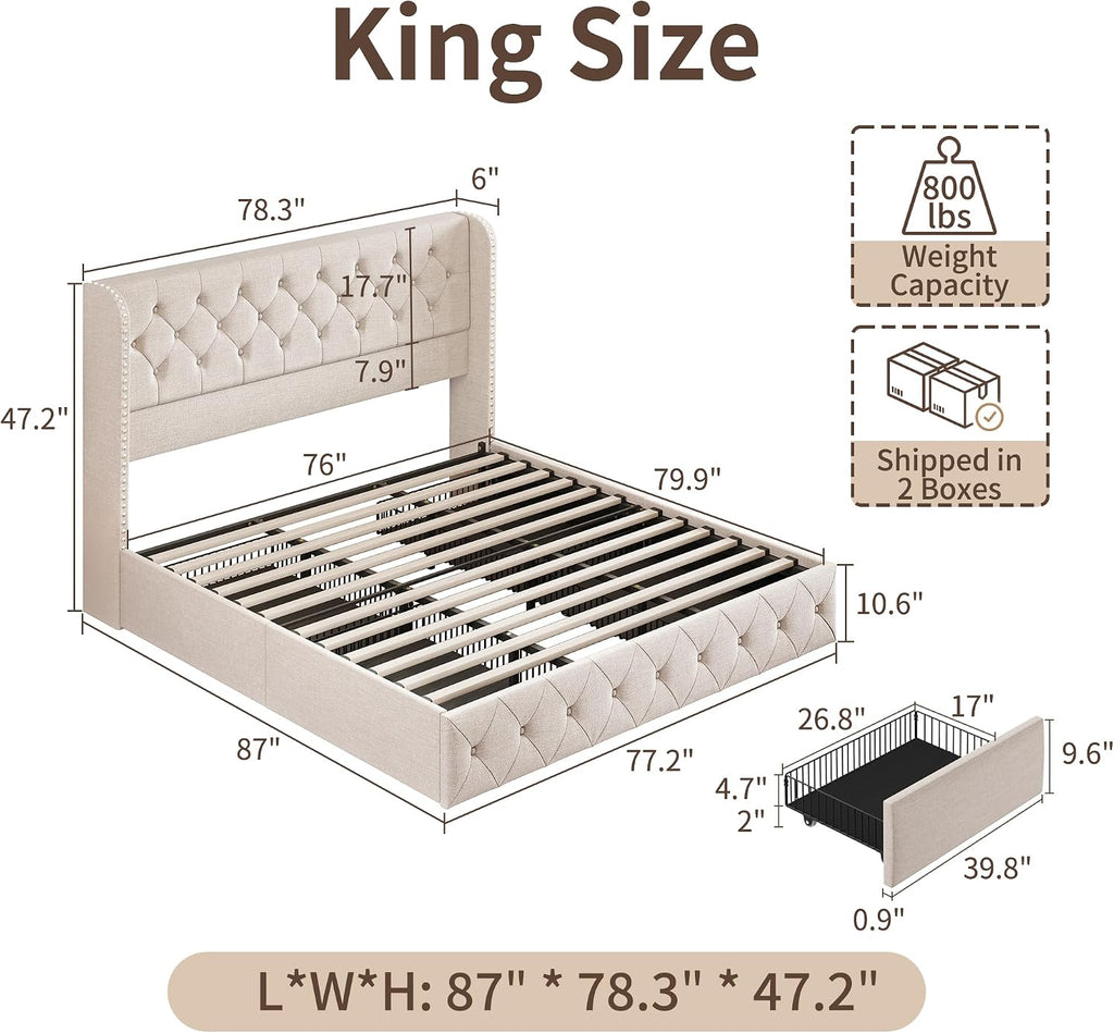BRELTAM King Size Bed Frame with Storage Drawers and Wingback Headboard Linen Upholstered Platform Bed Frame Tufted Beds with Heavy Duty Wood Slats, Noise Free, Easy Assembly, Beige