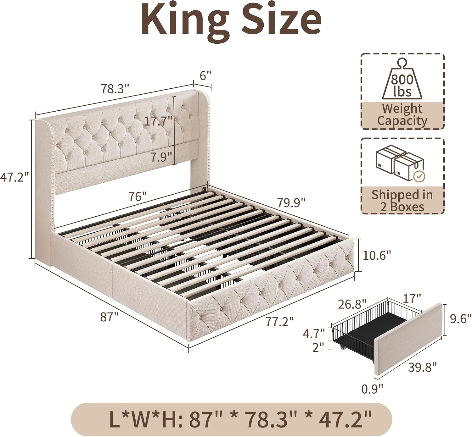 BRELTAM King Size Bed Frame with Storage Drawers and Wingback Headboard Linen Upholstered Platform Bed Frame Tufted Beds with Heavy Duty Wood Slats, Noise Free, Easy Assembly, Beige