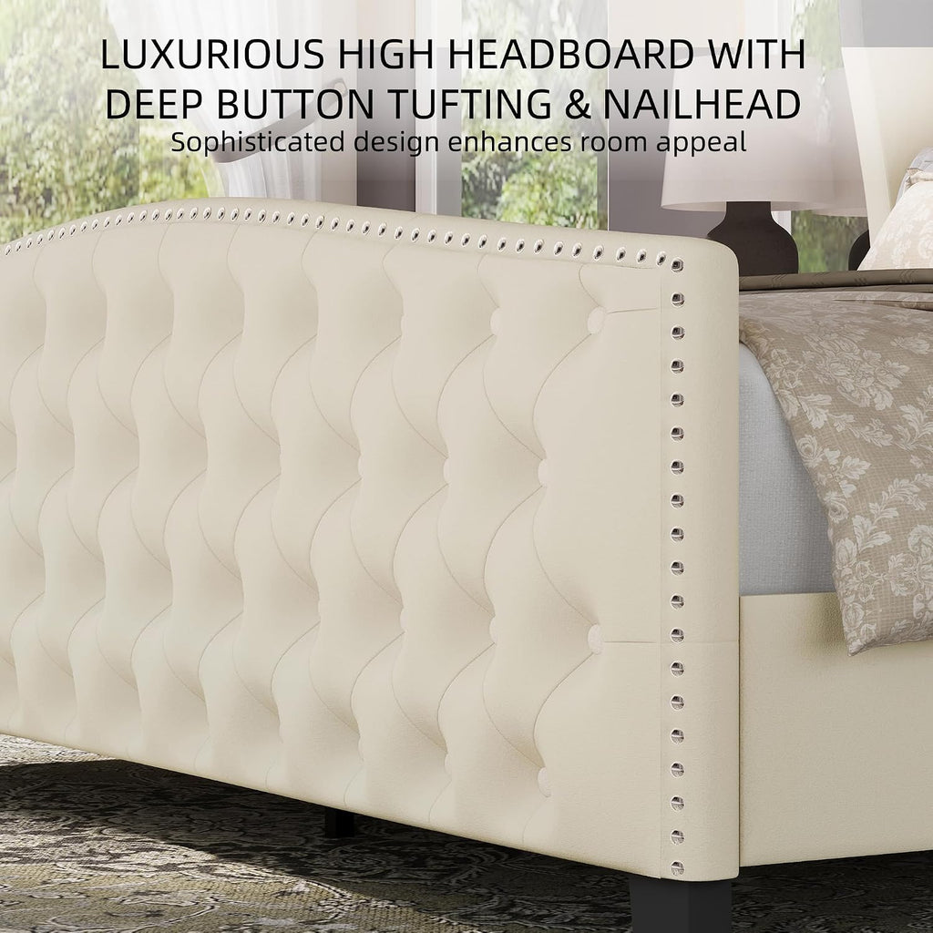BRELTAM Upholstered King Size Bed Frame Velvet Beige Tufted Platform Bed Frame with Wingback Headboard & Footboard, with Deep Button Tufted & Nailhead Wooden Slats Support, No Box Spring Needed