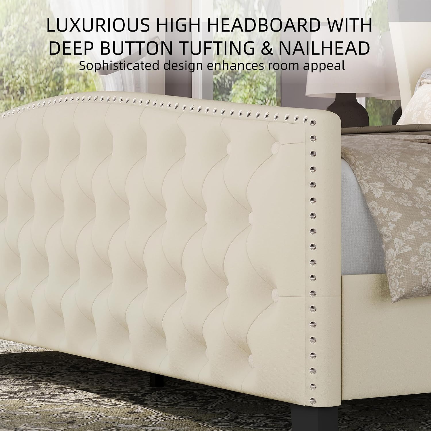 BRELTAM Upholstered King Size Bed Frame Velvet Beige Tufted Platform Bed Frame with Wingback Headboard & Footboard, with Deep Button Tufted & Nailhead Wooden Slats Support, No Box Spring Needed