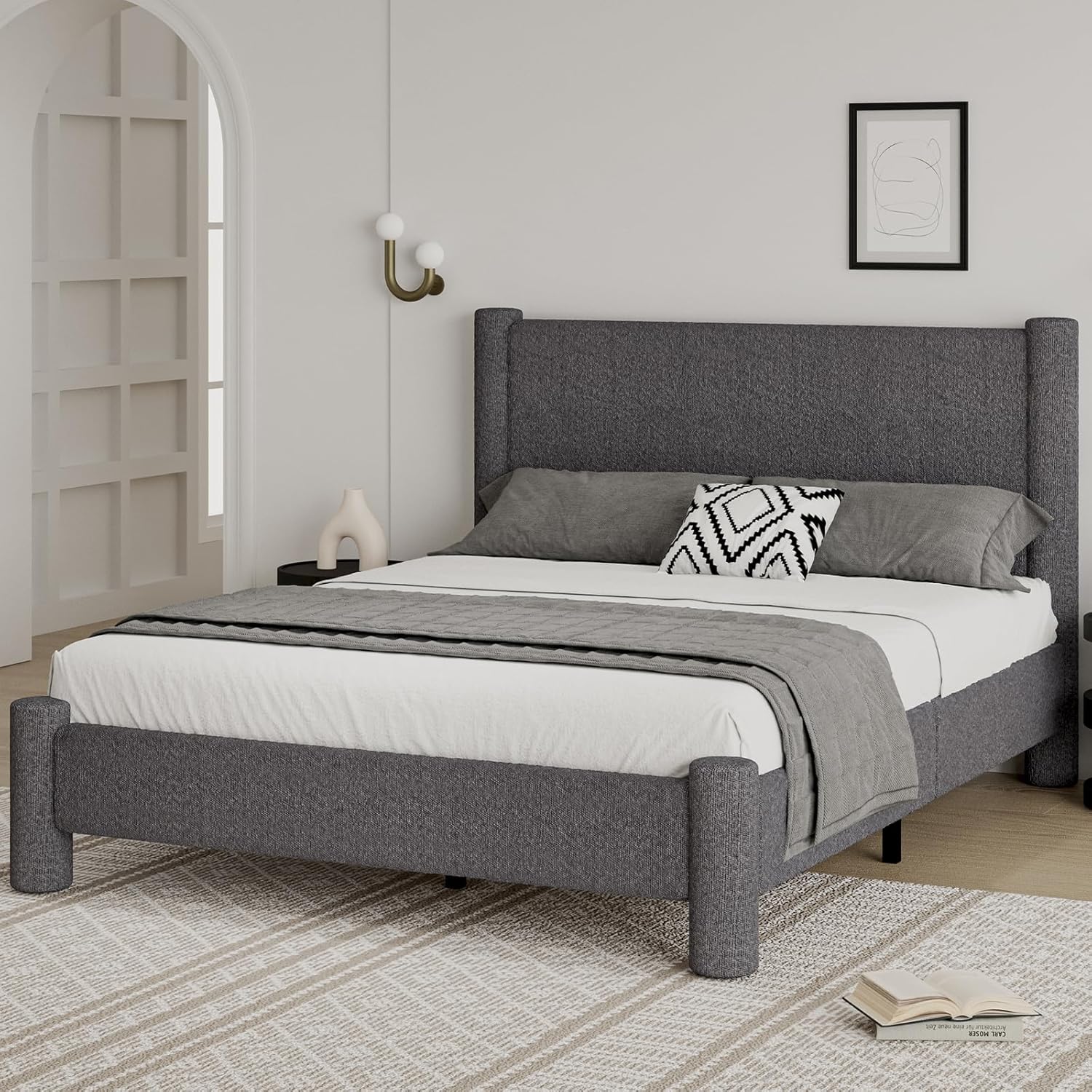 REVOMINCA Full Size Bed Frame, Boucle Upholstered Platform Bed with Headboard and Footboard, Soft Rounded Corners, No Box Spring Required, Easy Assembly, Dark Grey