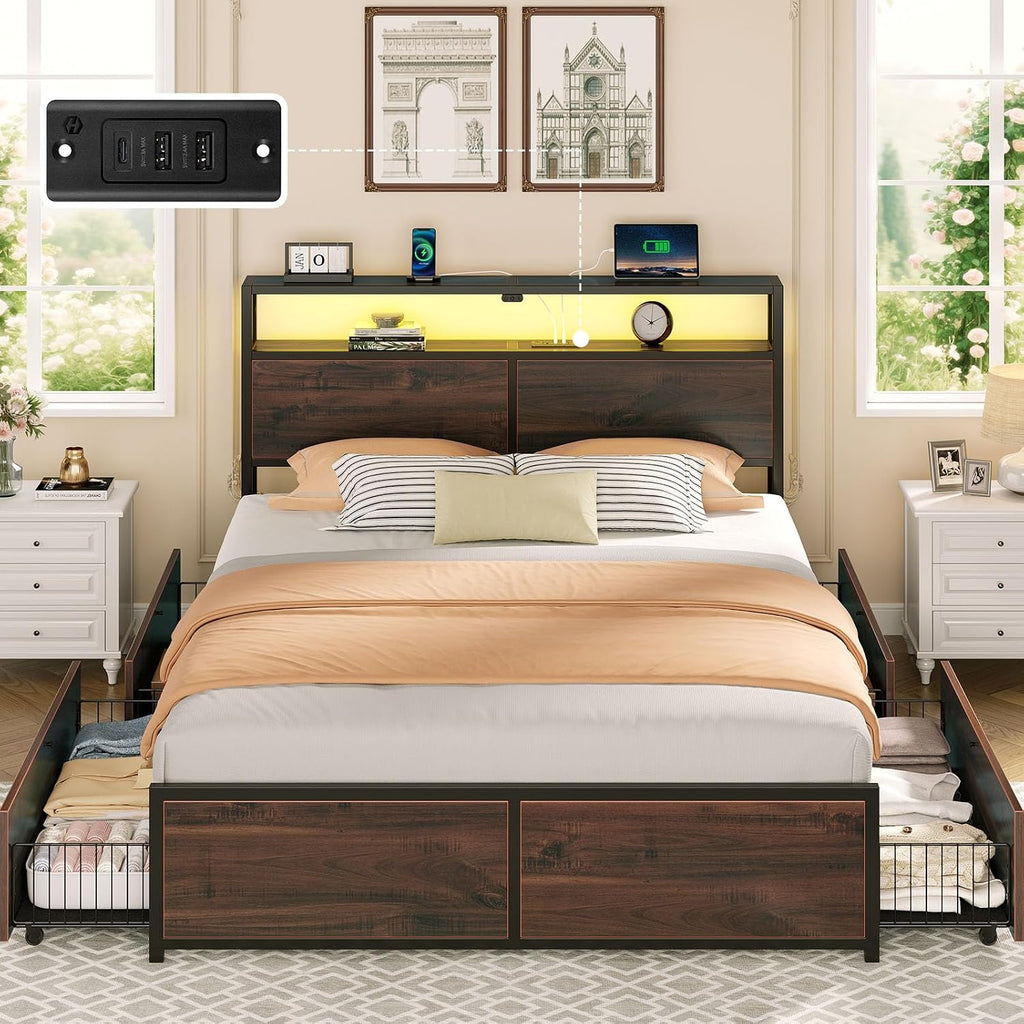 Rolanstar Full Size Bed Frame with 4 Storage Drawers & 2-Tier Storage Headboard, Metal Platform Bed Frame with Charging Station & LED Lights, Noise-Free, No Box Spring Needed, Easy Assembly, Espresso