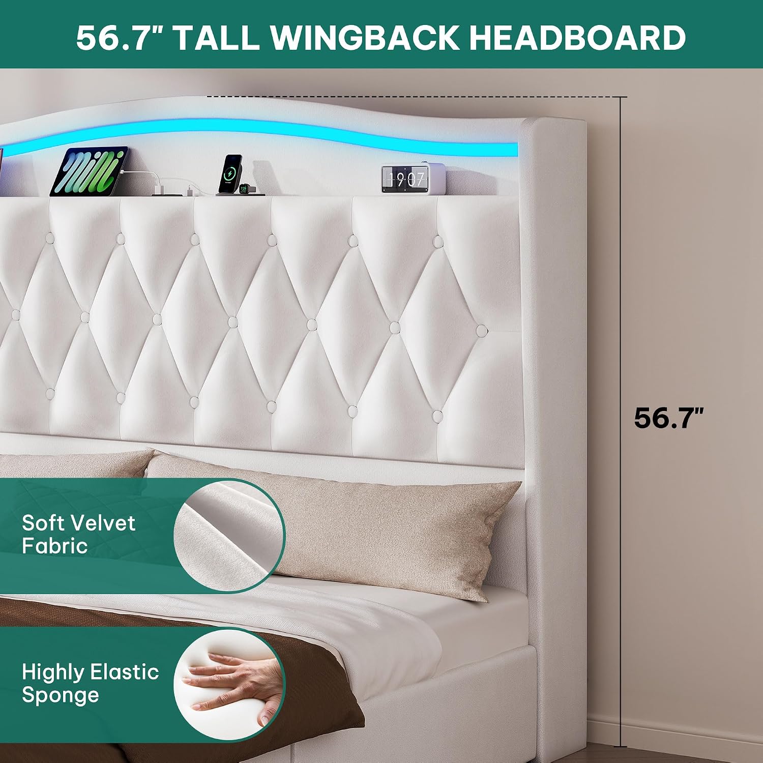 YITAHOME King Size Bed Frame with 4 Storage Drawers and RGB LED Lights, 57'' Tall Headboard Velvet Upholstered Bed with Charging Station, No Box Spring Needed, Easy Assembly, Noise-Free, White