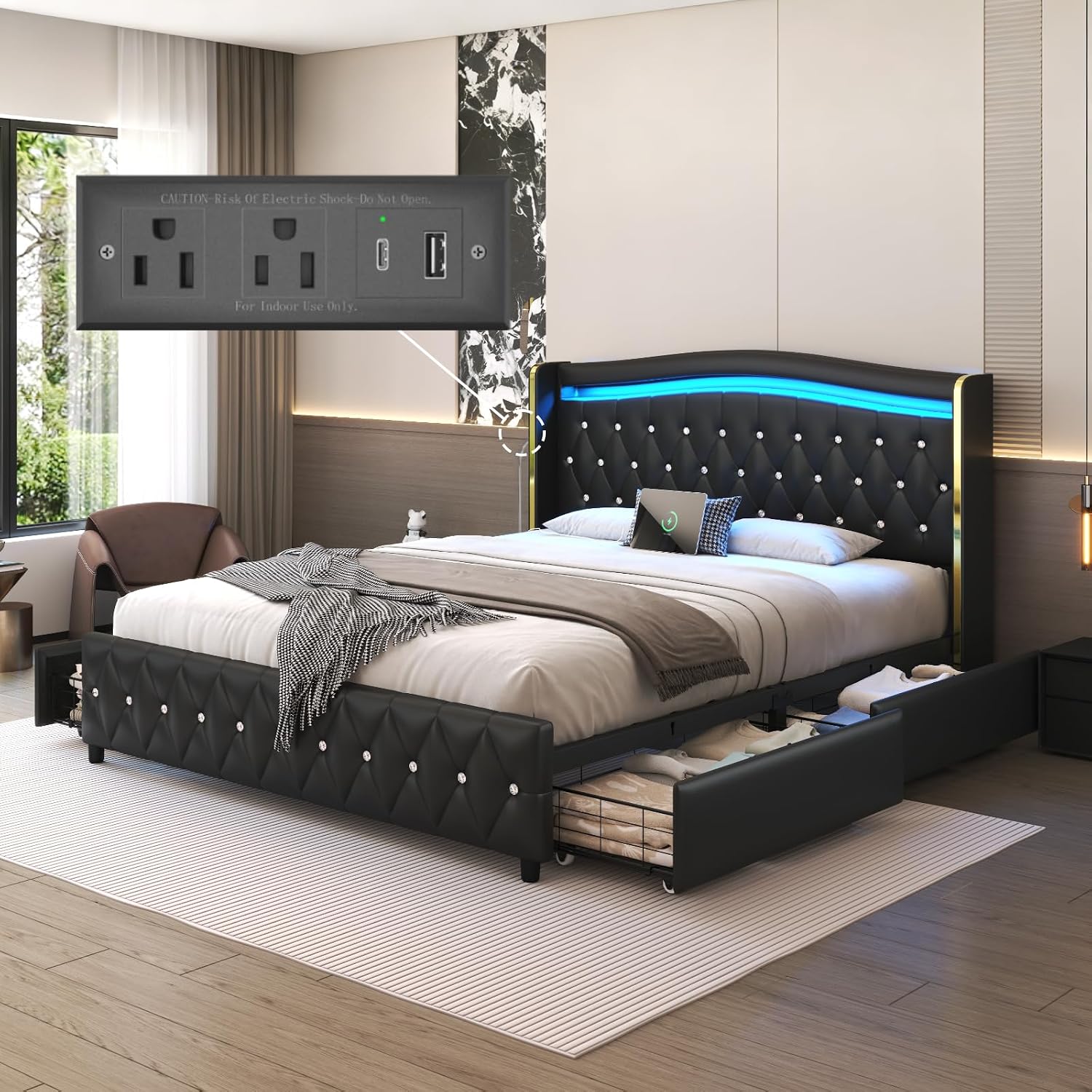 E-Motie Queen Bed Frame with Wingback Headboard, Upholstered Platform Bed with RGB LED Lights, Charging Station, 4 Storage Drawers & Metal Slat Support, No Box Spring Needed, Black