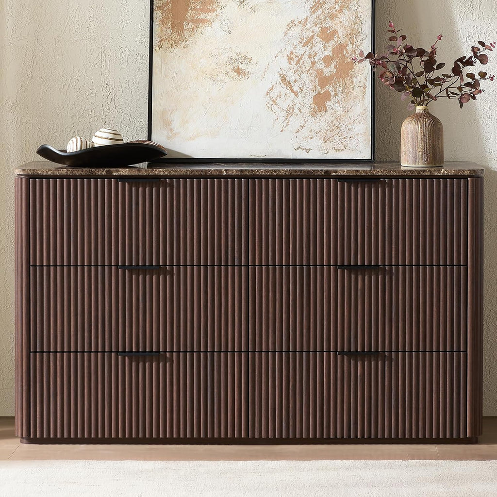Dresser for Bedroom with 6 Drawers, 54'W Chest of Drawers, Fluted Dresser with Faux Marble Top, Curved Profile Design, Metal Handle, Wood Closet Storage Organizer for Living Room, Hallway, Dark Oak