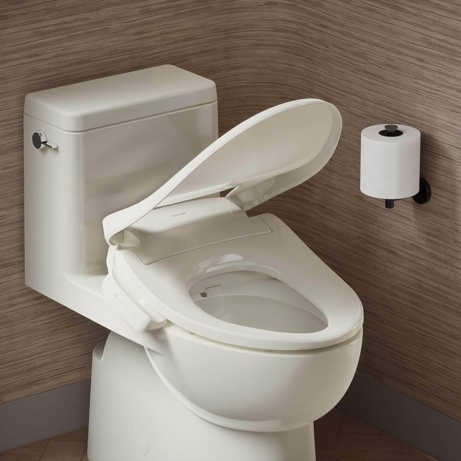 Kohler PureWash E545 Elongated Heated Bidet Toilet Seat, Warm Water, Biscuit with Side Panel, Quiet-Close Lid, Self-Cleaning Wand, Adjustable Water Pressure and Nightlight, Side Panel Controls