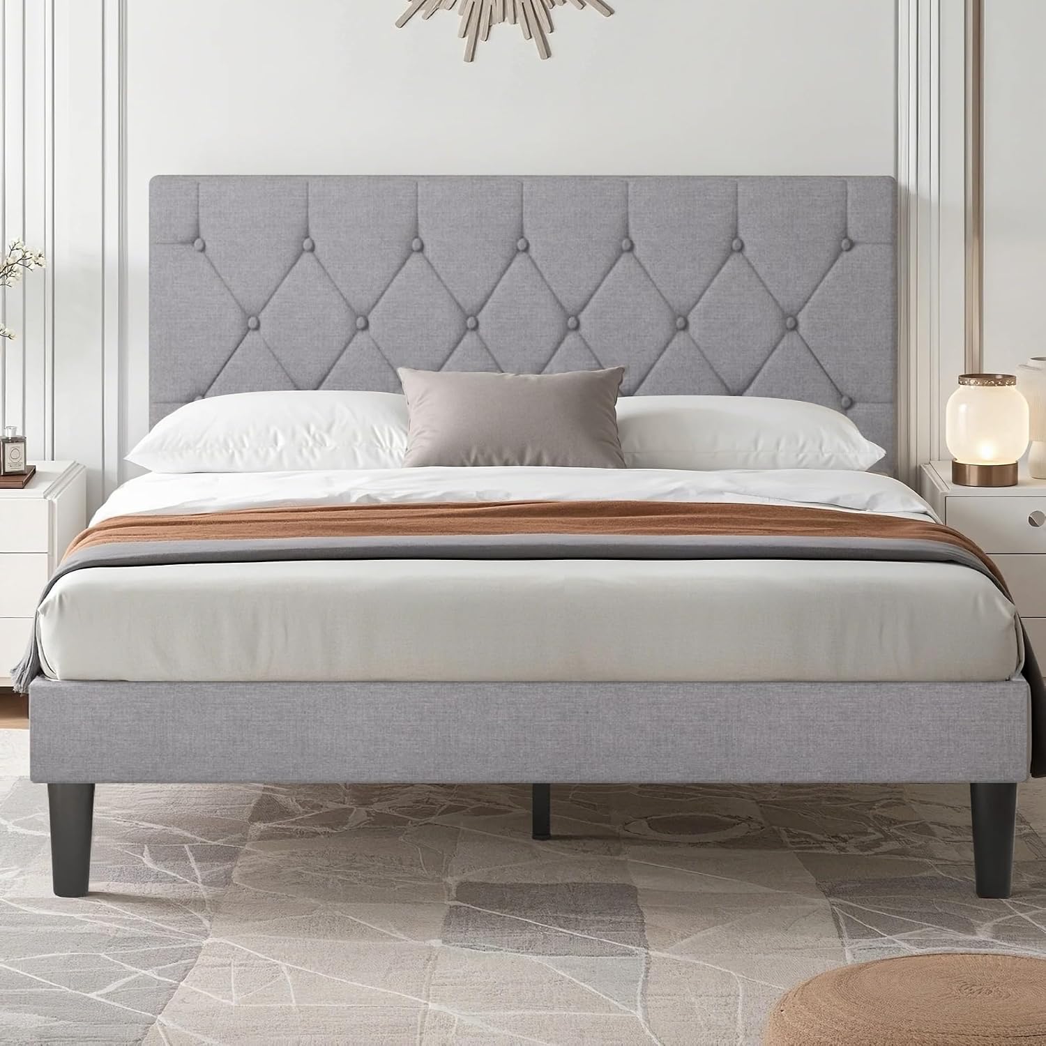 VECELO Full Size Bed Frame with Button Tufted Headboard, Upholstered Platform Bedframe with Wood Slat Support, No Box Spring Needed, Dark Grey