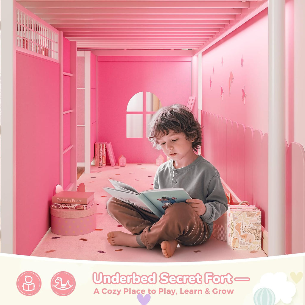 Low Loft Bed Twin Size with 7 Storage Drawers, Desk and LED Lights, Heavy Duty Metal Kids Loft Bed with 12' H Safety Guardrail, Anti-Collision Pad, Private Play Curtain, Under-Bed Play Space - Pink