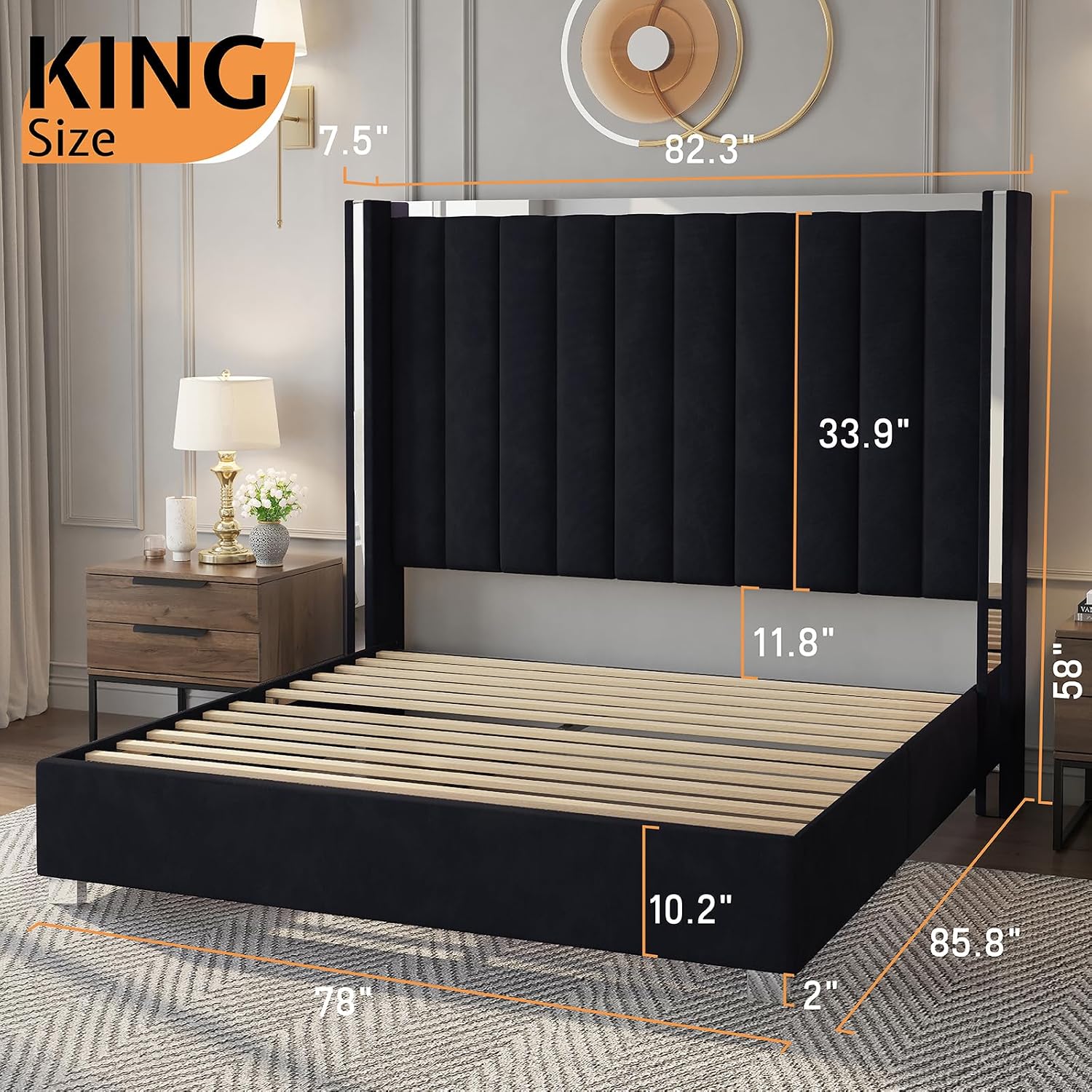 Jocisland King Size Bed Frame with 58' Tall Headboard, Velvet Upholstered Platform Bed with Channel Tufted Wingback Headboard and Plating Trim, No Box Spring Needed, Black