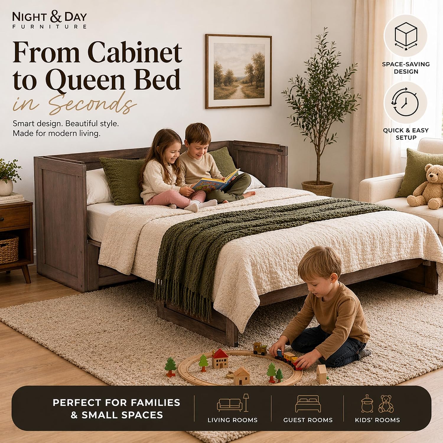 NIGHT & DAY Furniture Murphy Cube Cabinet Bed Queen – Solid Hardwood Fold-Out Space-Saving Portable Cabinet Bed with 6' Gel Memory Foam Mattress – Normandy Brown Finish