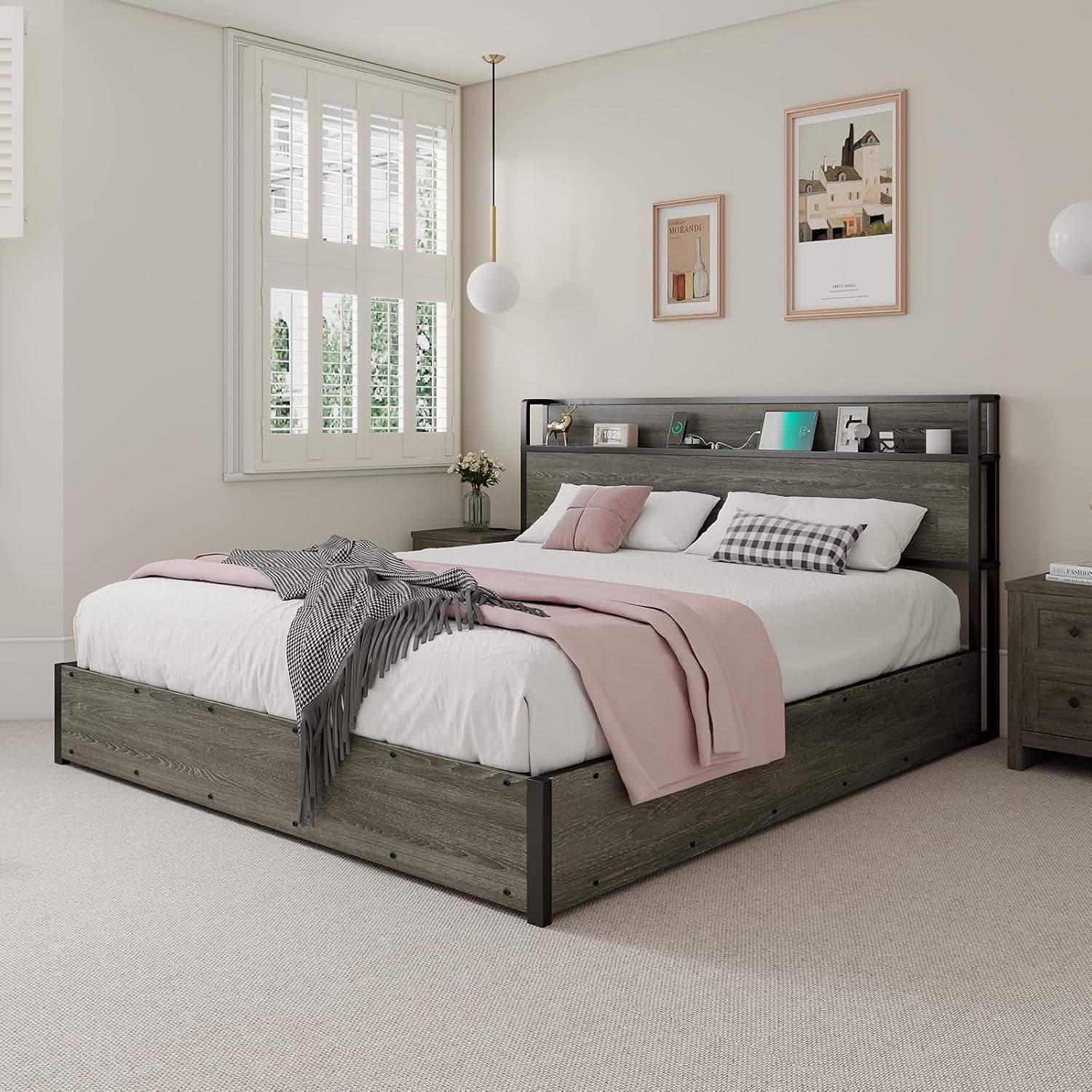LUXOAK Full Size Lift Up Storage Bed, Wood Platform Bed Frame with Storage Headboard & Charging Station, No Box Spring Needed, Easy Assembly, Rustic Grey