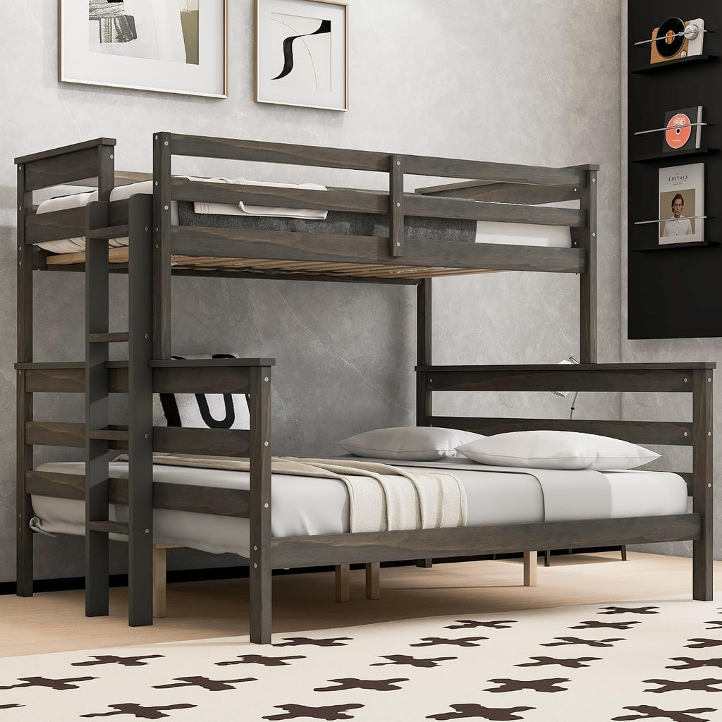 Harper & Bright Designs Detachable Design Twin XL Over Queen Bunk Bed with Ladder,Wood Twin-Over-Queen Bunk Bed Frame with Guardrail,Separated into 2 Beds,Gray
