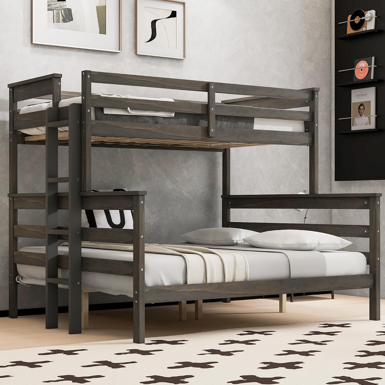 Harper & Bright Designs Detachable Design Twin XL Over Queen Bunk Bed with Ladder,Wood Twin-Over-Queen Bunk Bed Frame with Guardrail,Separated into 2 Beds,Gray