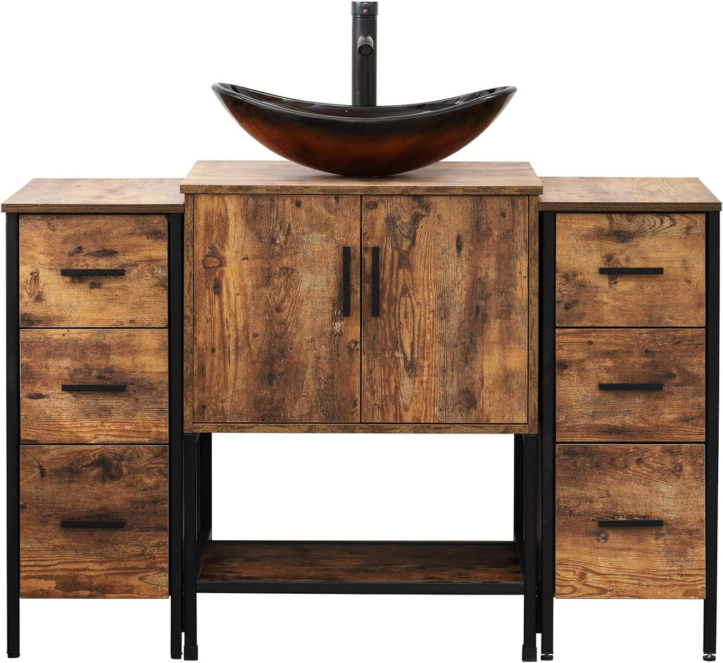 UEV 48' Rustic Brown Bathroom Vanity with Sink Combo,Industrial Iron Frame Bathroom Cabinet Sets with Doulbe 3 Drawers Side Cabinet,Modern Brown Boat Tempered Glass Vessel Sink(029BR)