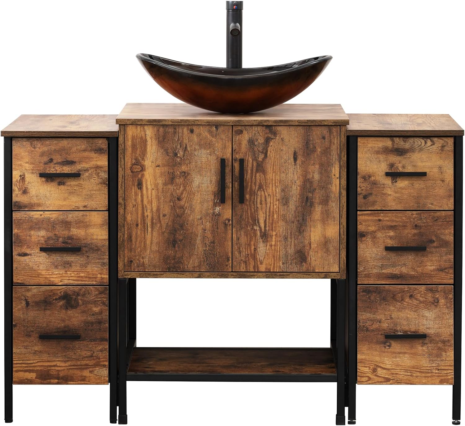 UEV 48' Rustic Brown Bathroom Vanity with Sink Combo,Industrial Iron Frame Bathroom Cabinet Sets with Doulbe 3 Drawers Side Cabinet,Modern Brown Boat Tempered Glass Vessel Sink(029BR)