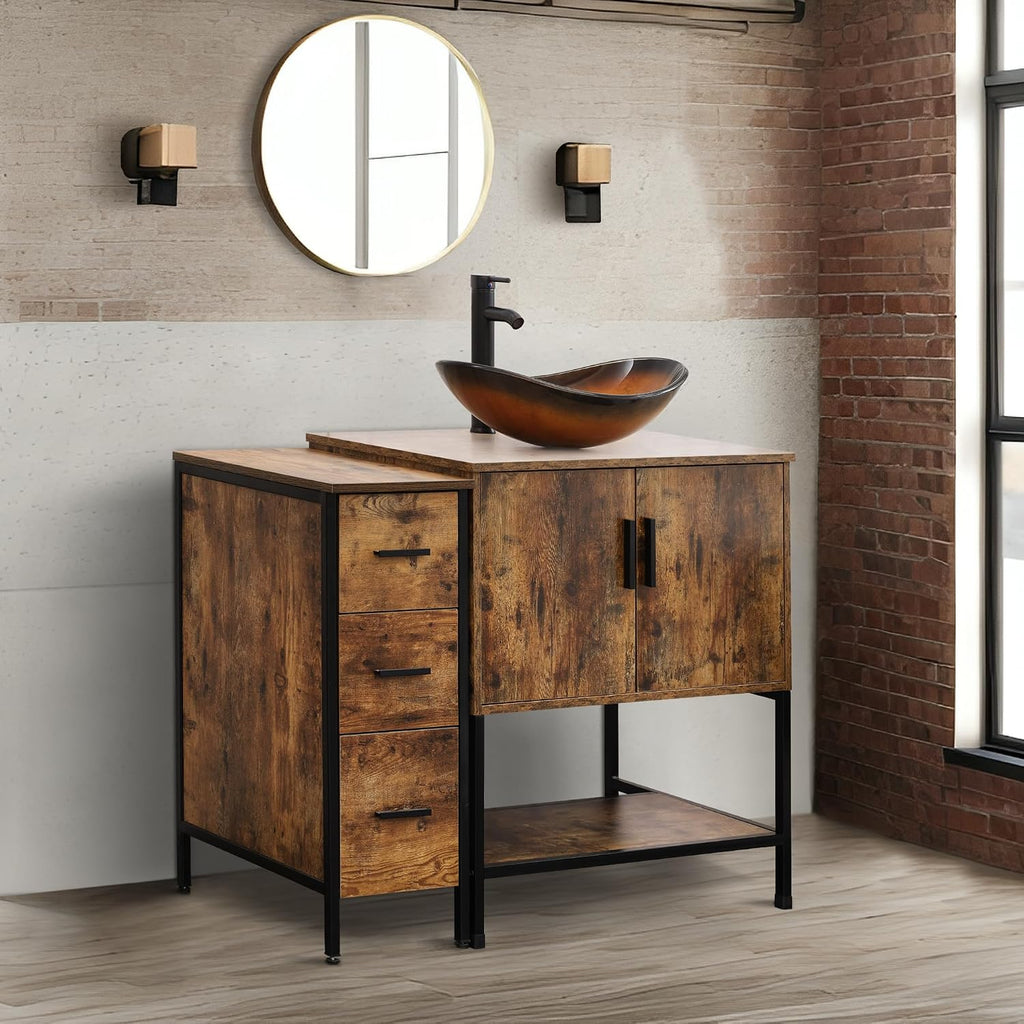 UEV 42' Rustic Brown Bathroom Vanity with Sink Combo,Industrial Iron Frame Bathroom Cabinet Sets with 3 Drawers Side Cabinet,Modern Brown Boat Tempered Glass Vessel Sink(029BR)