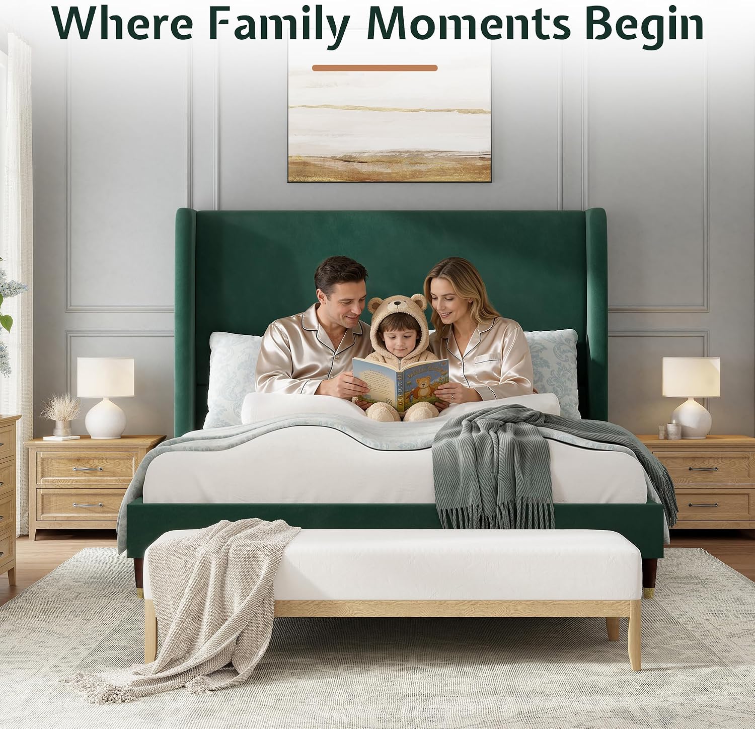 Jocisland Queen Size Bed Frame 51.2' Wingback Headboard Velvet Upholstered Platform Bed with Solid Wood Legs & Wooden Slats, No Box Spring Needed, Modern Minimalist Style, Easy Assembly, Dark Green