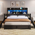 AMERLIFE California King Size Bed Frame with 4 Storage Drawers, LED Bed Frame with 49.6' Tall Bookcase Headboard, Wood Platform Bed with Charging Station & 2 Slide Bedside Shelf, Black