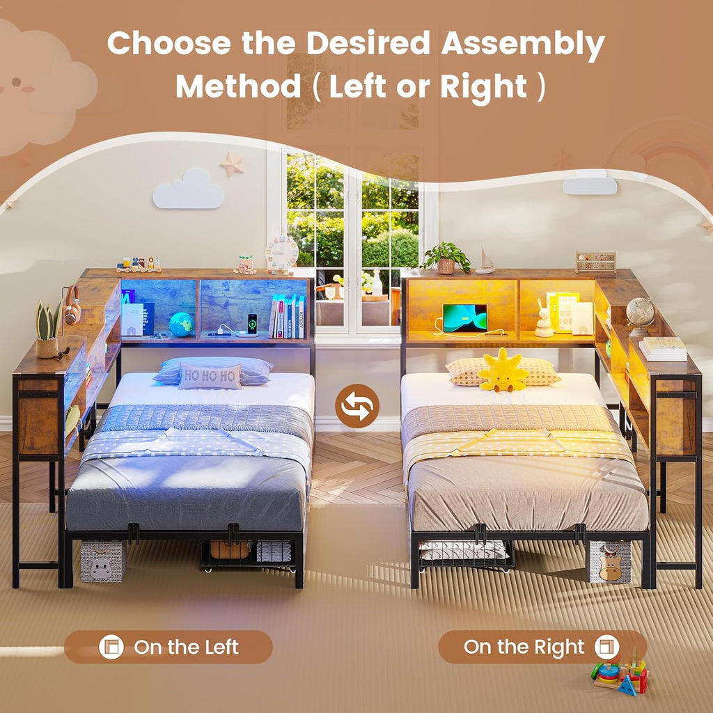 Hasuit Corner Bed Frame Twin with 2 Drawers and Storage Bookcase, Daybed with Charging Station and LED Lights, Metal Platform Bed with Bookshleves,Twin Size Bed Frame for Kids Teens Guests, Rustic