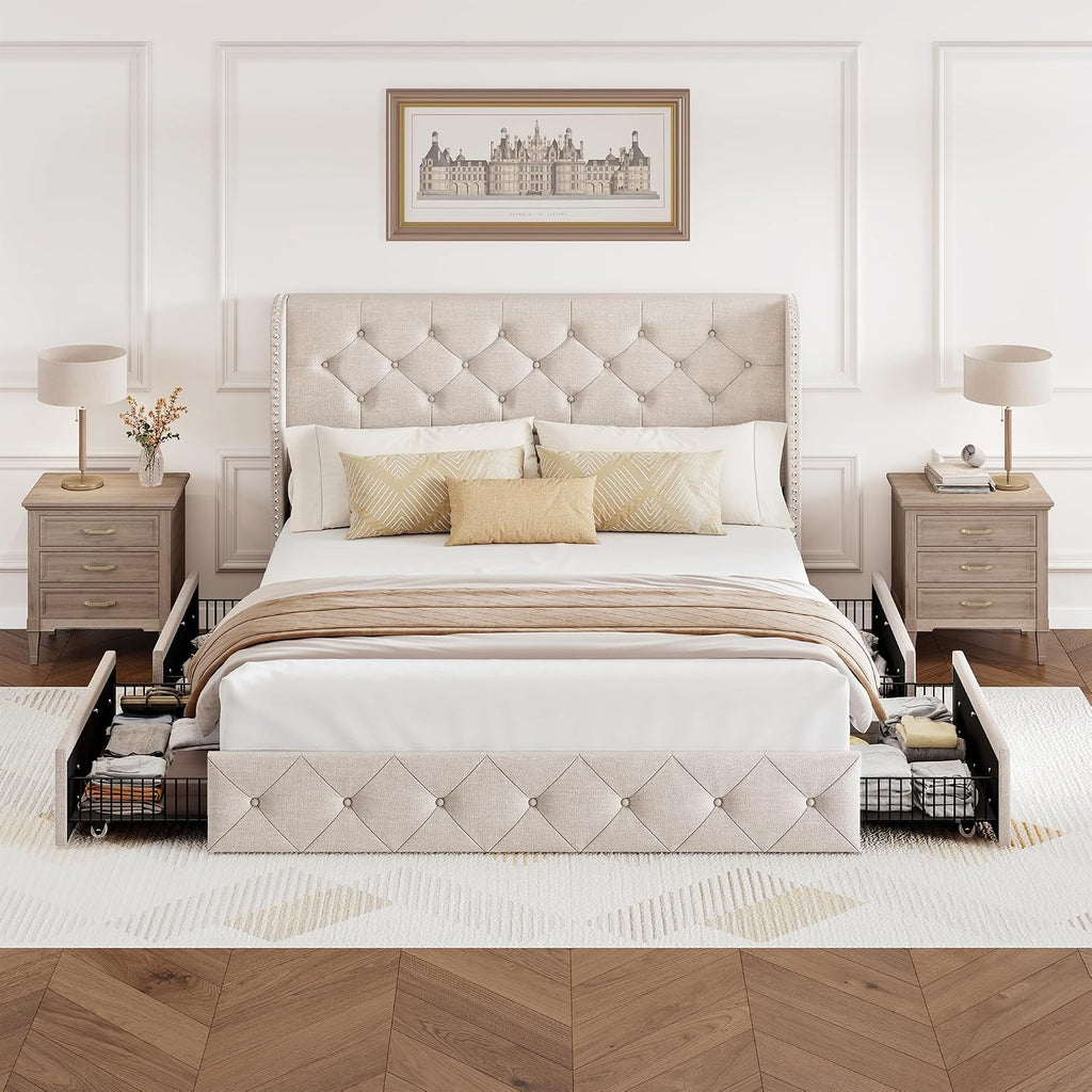 BRELTAM Queen Size Bed Frame with Storage Drawers and Wingback Headboard Linen Upholstered Platform Bed Frame Tufted Beds with Heavy Duty Wood Slats, Noise Free, Easy Assembly, Beige