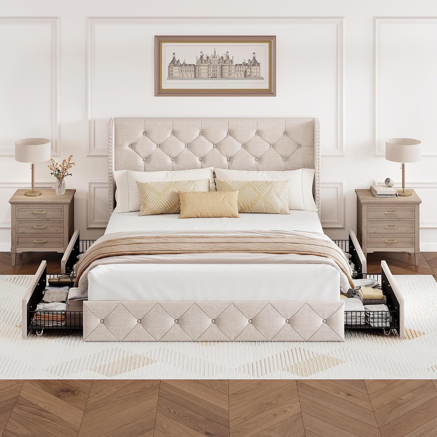 BRELTAM Queen Size Bed Frame with Storage Drawers and Wingback Headboard Linen Upholstered Platform Bed Frame Tufted Beds with Heavy Duty Wood Slats, Noise Free, Easy Assembly, Beige