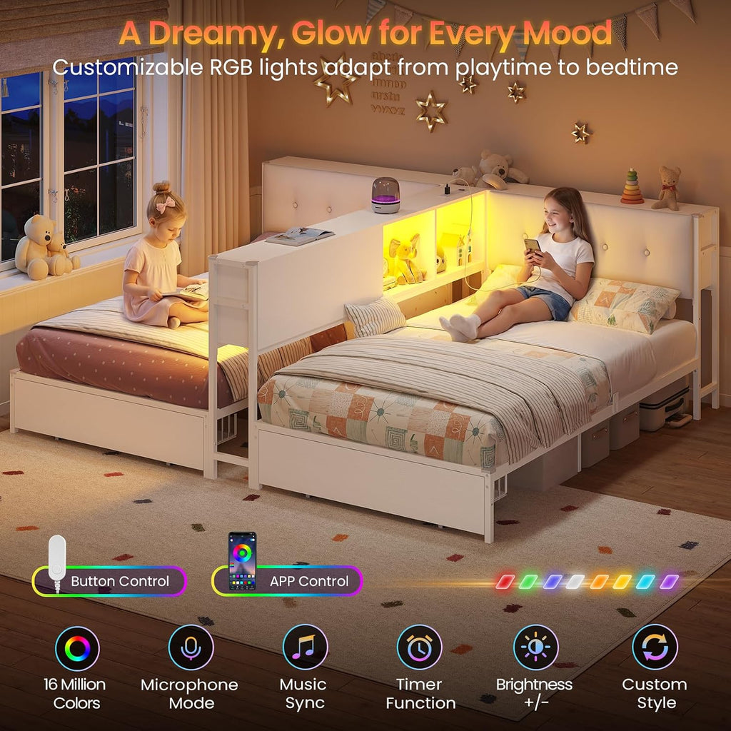 DICTAC Twin Beds for 2 Kids with Storage Bookcase Divider, Charging Station and LED Lights, Double Twin Bed with 2 Large Drawers and Headboard Storage, Metal Platform Bed for Shared Bedroom, White