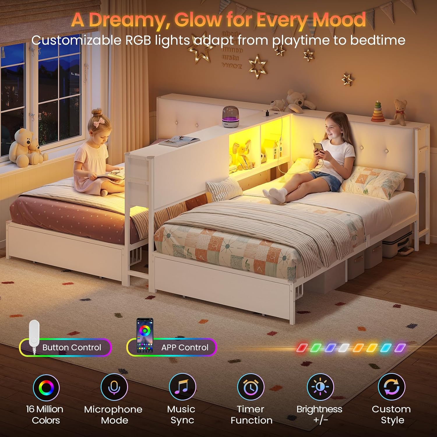 DICTAC Twin Beds for 2 Kids with Storage Bookcase Divider, Charging Station and LED Lights, Double Twin Bed with 2 Large Drawers and Headboard Storage, Metal Platform Bed for Shared Bedroom, White