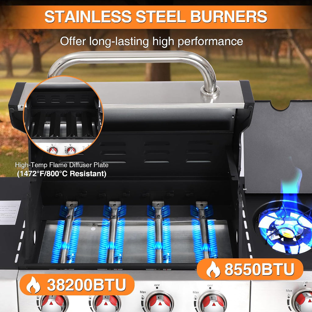 4-in-1 Propane & Charcoal Grill Combo, 4-Burner Gas Griddle with Side Burner, Cast Iron Grates, Outdoor BBQ for Patio & Backyard