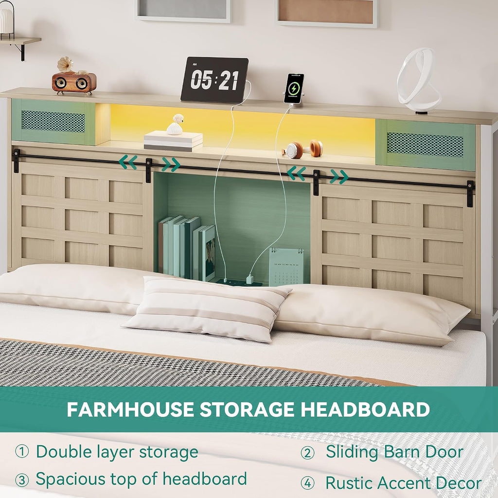 YITAHOME Farmhouse Bed Frame Queen Size, 49.14' Tall Storage Headboard, Led Light & Charging Station, Sliding Barn Door, Wooden Platform Bed Frame, Metal Slats Support, No Box Spring Needed, Oak