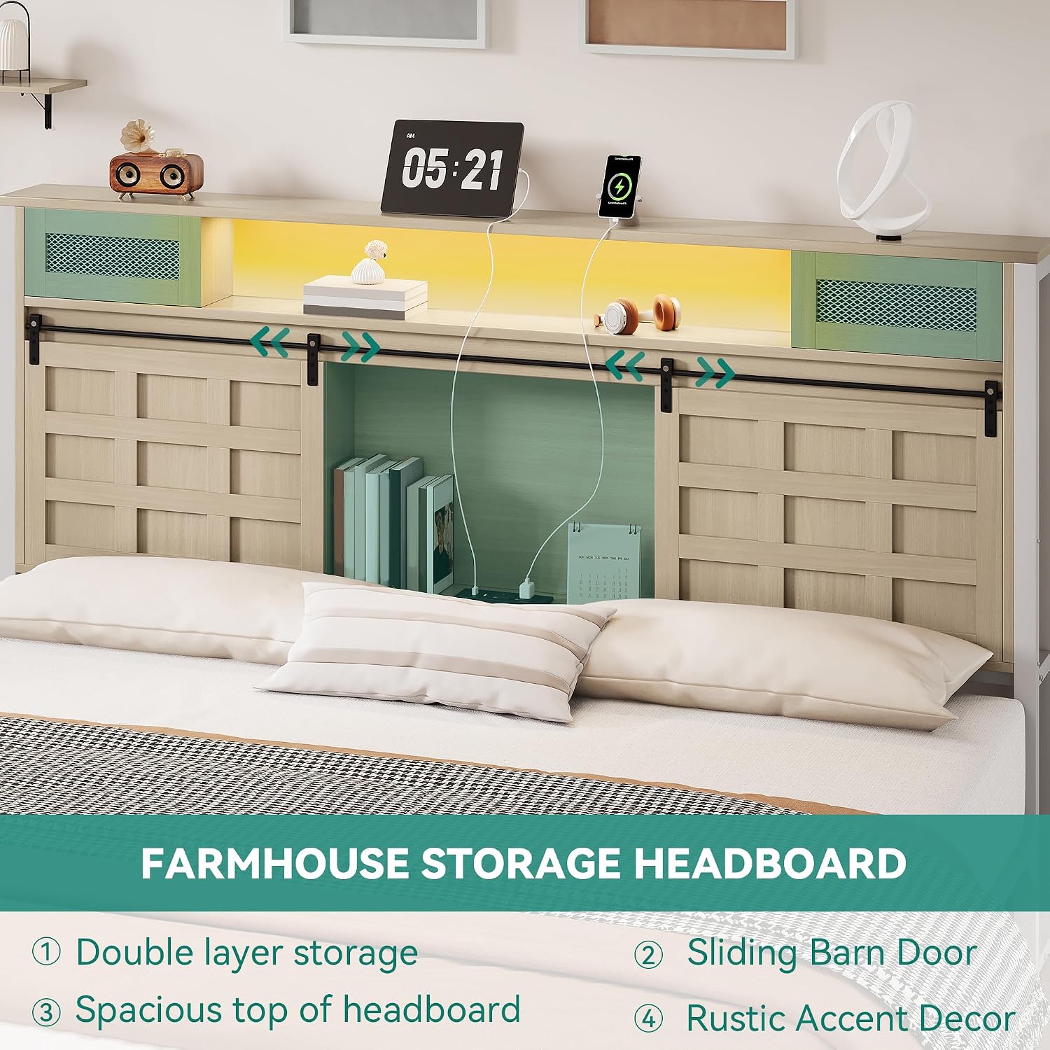 YITAHOME Farmhouse Bed Frame Queen Size, 49.14' Tall Storage Headboard, Led Light & Charging Station, Sliding Barn Door, Wooden Platform Bed Frame, Metal Slats Support, No Box Spring Needed, Oak