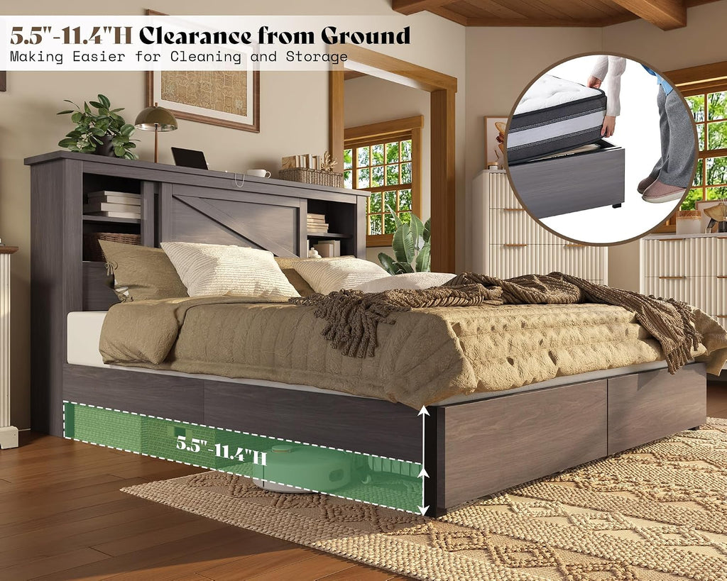 AMERLIFE 47.2' H Queen Bed Frame with Hidden Space Bookcase Headboard and Charging Station, Beds with 2 Storage Drawers and Wood Slats, No Box Spring Needed, Grey