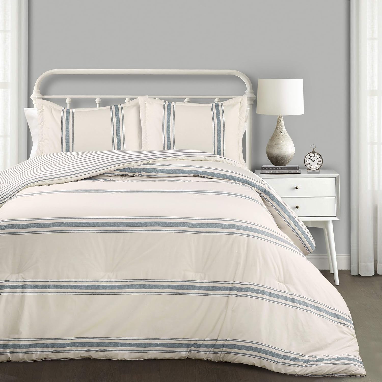 Lush Decor Farmhouse Stripe Reversible Cotton Comforter Set, 3 Piece Set, Full/ Queen, Blue - Cozy F𝐚rmhouse Bedding Set - Rustic Decor - Striped Comforter - Modern Farmho𝐮se Bedroom Decor