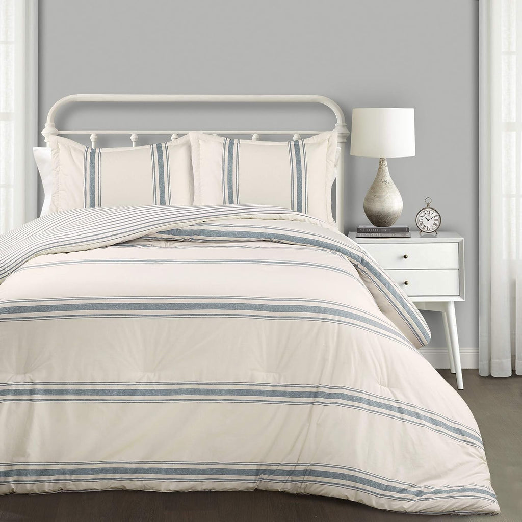 Lush Decor Farmhouse Stripe Reversible Cotton Comforter Set, 3 Piece Set, King, Blue - Cozy Farmhouse Bedding Set - Rustic Decor - Striped Comforter - Modern Farmhouse Bedroom Decor