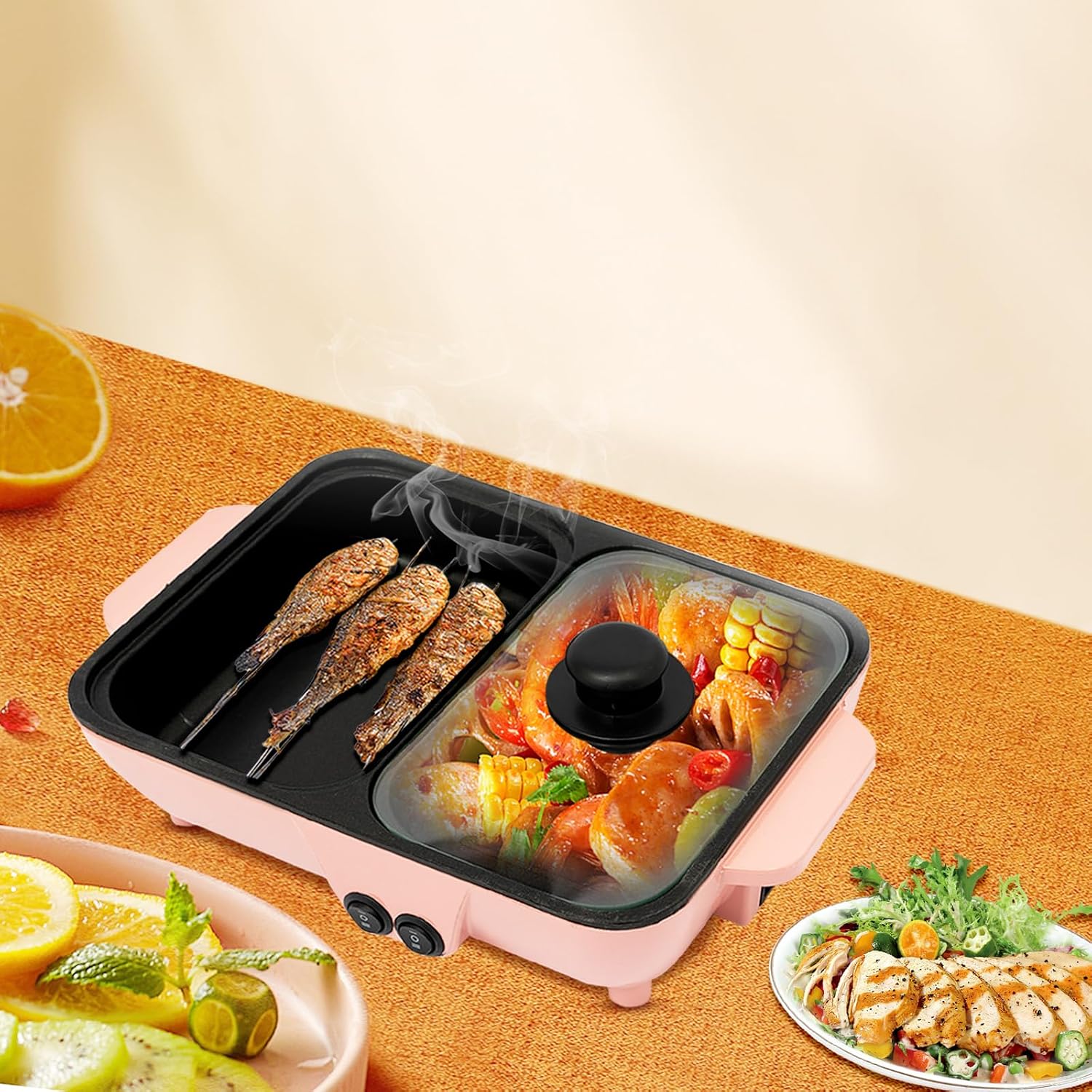 Electric Grill Hot Pot 2 In 1, Multifunctional Smokeless Grill Indoor Teppanyaki Grill/Shabu Pot Separate Dual Temperature Contral, Non-Stick Pan BBQ Capacity for 1-42 People