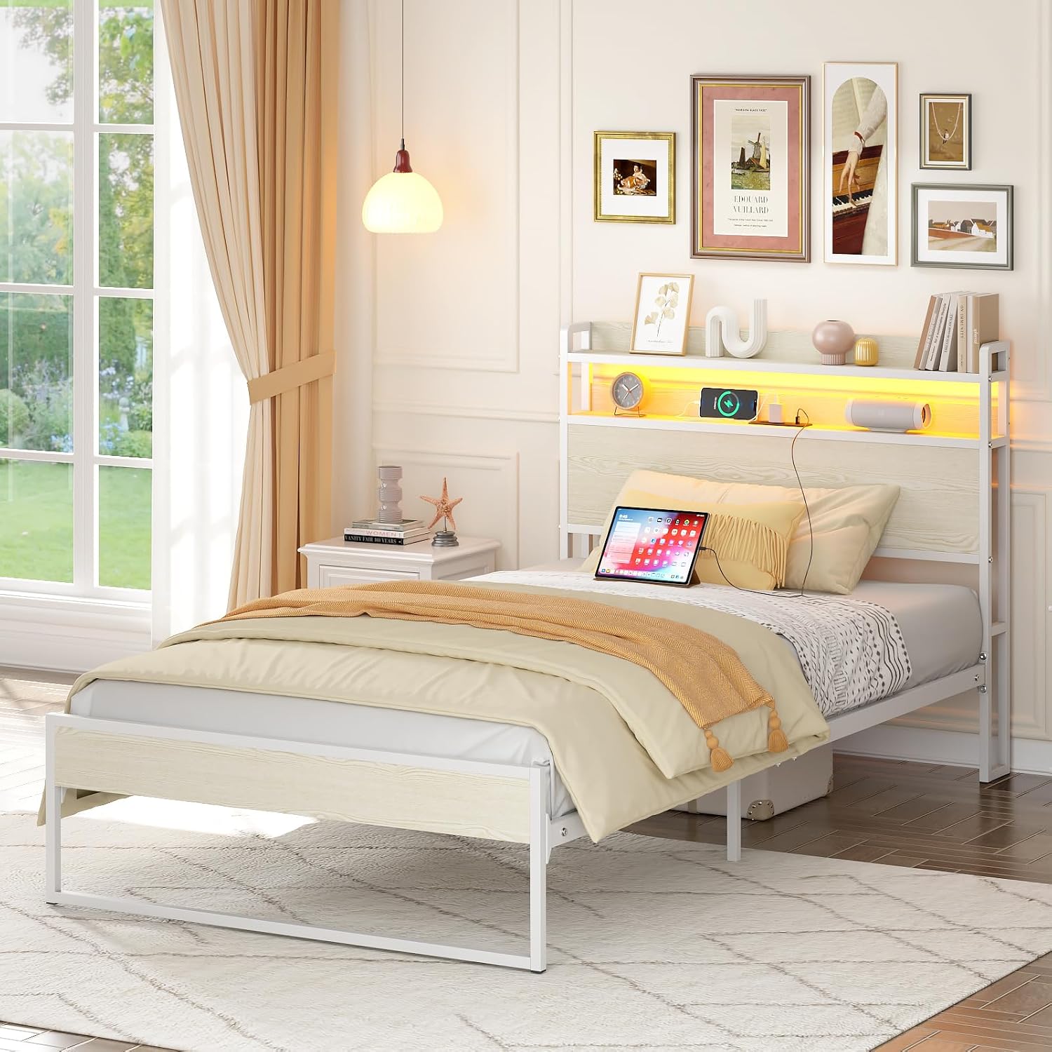 Elephance Twin Bed Frames with Charging Station and LED Lights, Metal Bed Frame with 2-Tier Storage Headboard, No Box Spring Needed, Noise Free, Easy Assembly,Beige