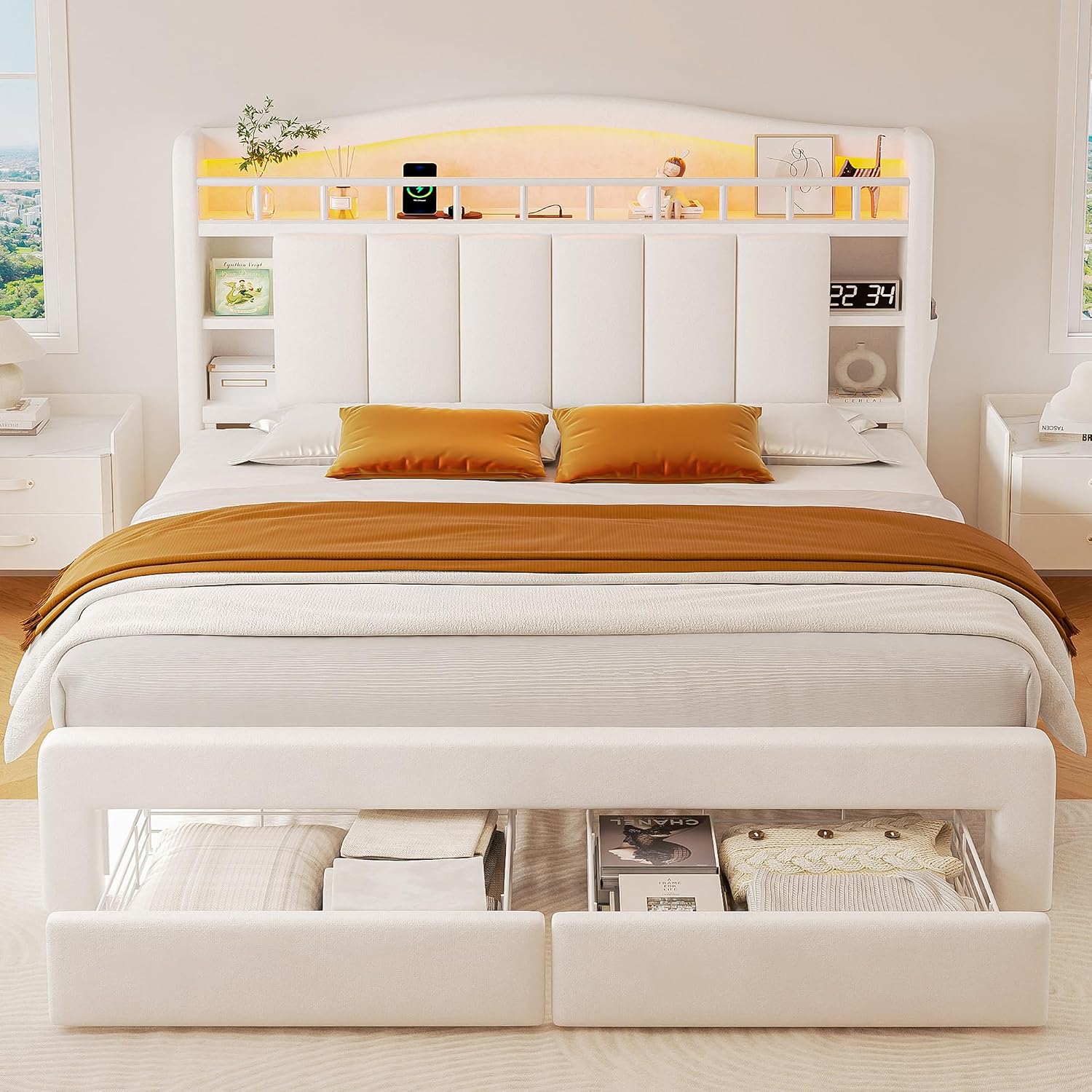 Full Size Bed Frame with LED Storage Headboard & 2 Storage Drawers, Velvet Upholstered Bed with Vertical Tufted Headboard Design, USB & Type-C Charging Ports, Wooden Slats Support, Noise-Free, Beige