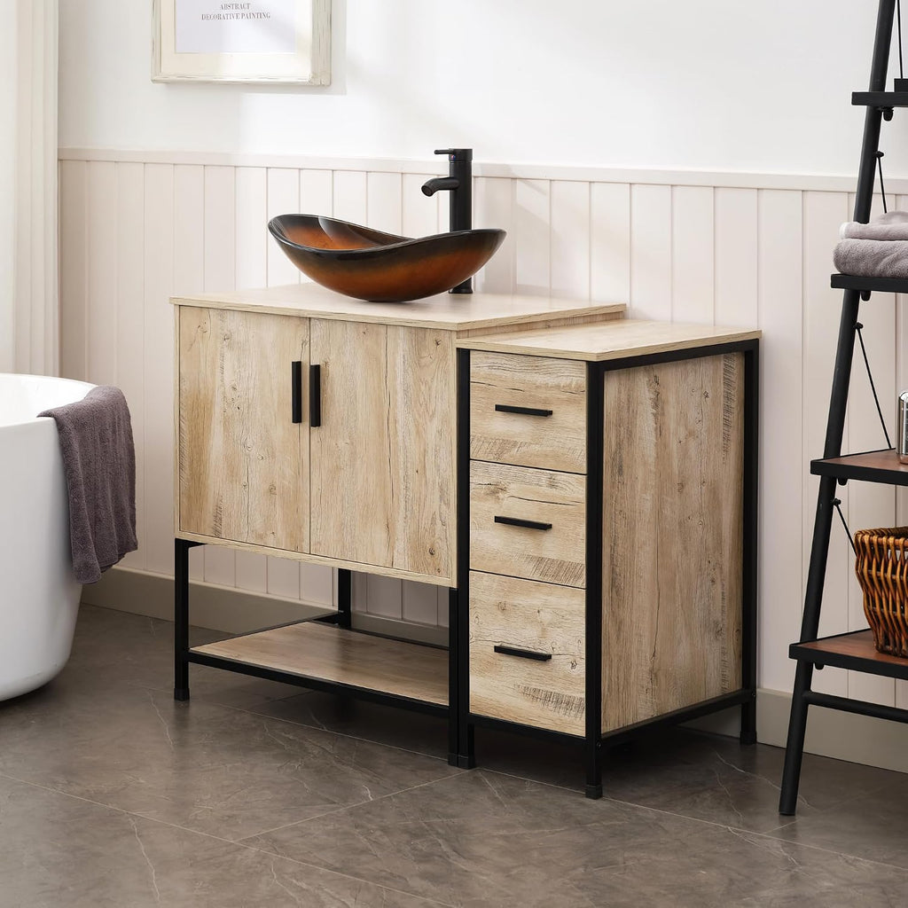 UEV 42' Rustic Oak Bathroom Vanity with Sink Combo,Industrial Iron Frame Bathroom Cabinet Sets with 3 Drawers Side Cabinet,Modern Brown Boat Tempered Glass Vessel Sink(029BR)