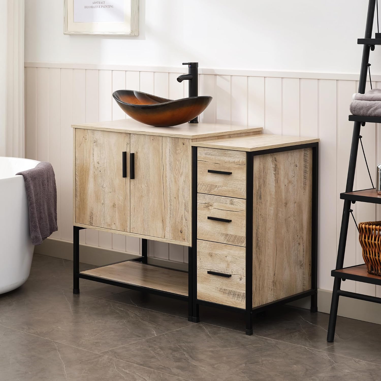 UEV 42' Rustic Oak Bathroom Vanity with Sink Combo,Industrial Iron Frame Bathroom Cabinet Sets with 3 Drawers Side Cabinet,Modern Brown Boat Tempered Glass Vessel Sink(029BR)