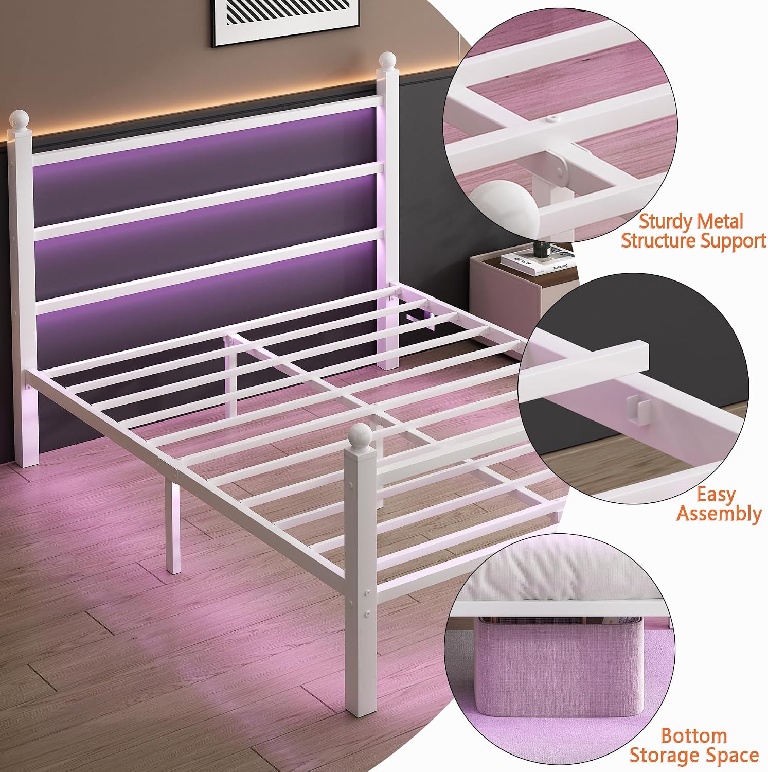 CLIBFENG Queen Size Bed Frame with Headboard and Footboard,Steel Slats Support-LED Bed Frame with USB Charging Station,Mattress Foundation-Under Bed Storage,No Box Spring Needed,Noise Free,White
