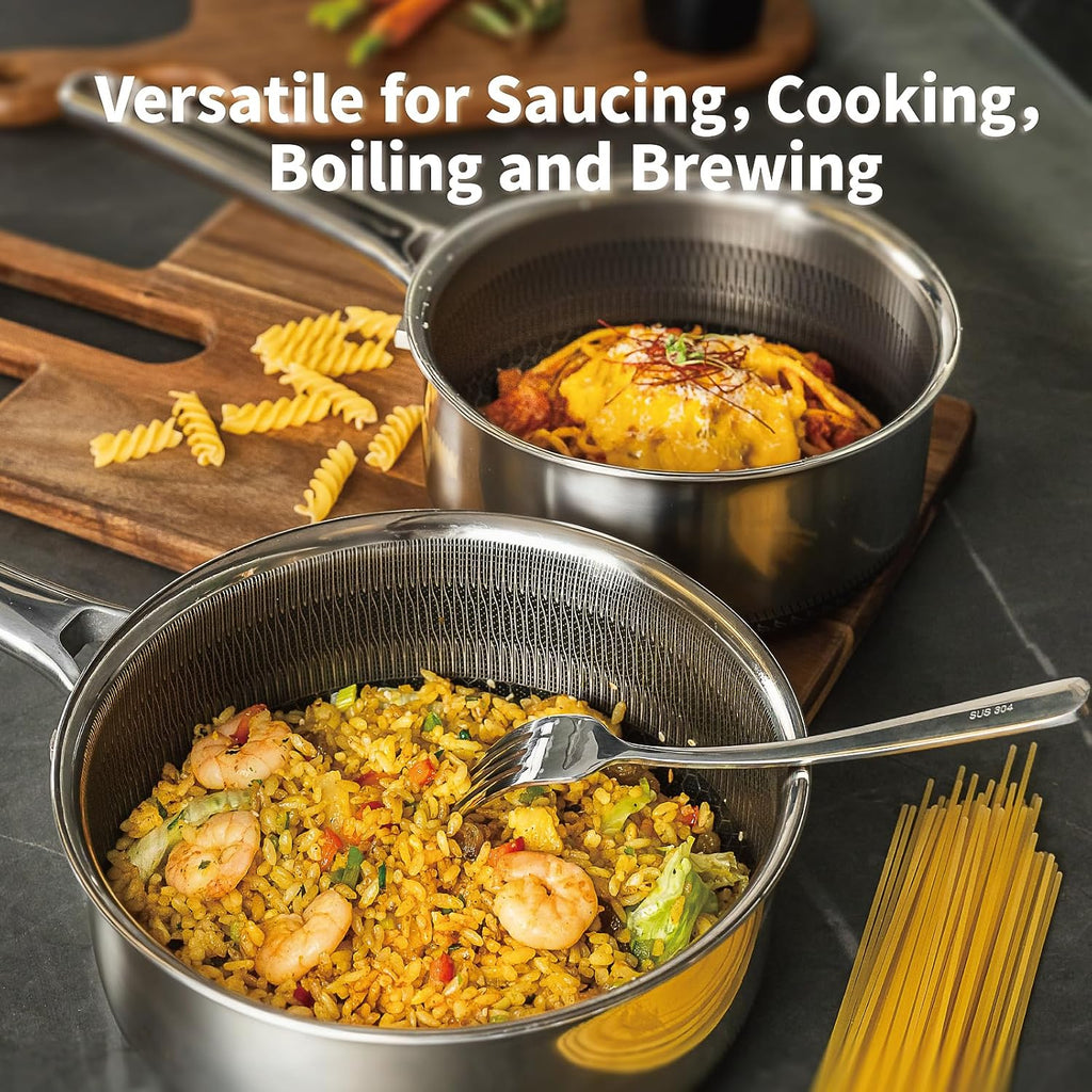 Hybrid Nonstick Saucepan Set of 2 with Lids 1.5 QT and 3 QT, Stainless Steel Honeycomb Pans with Side Pour Spouts,Compatible with All Cooktops,Dishwasher and Oven Safe