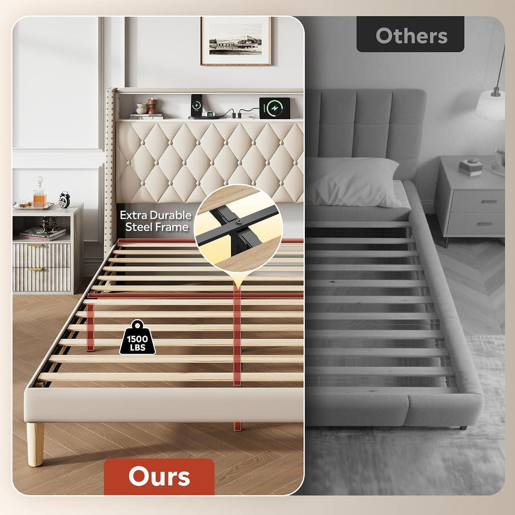WLIVE Queen Size Upholstered Bed Frame with 48'' Tall Wingback Headboard, Velvet Square Tufted Platform Beds with Charging Station, Sturdy Metal & Wooden Slats Support, Beige