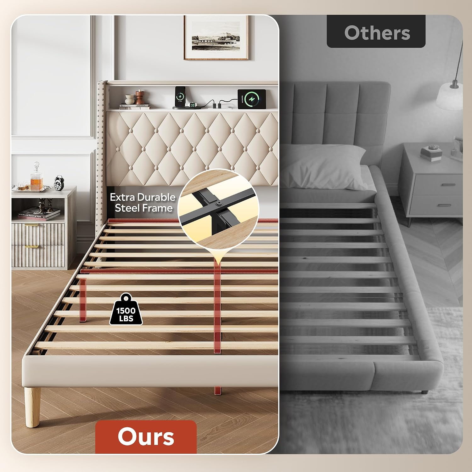 WLIVE Queen Size Upholstered Bed Frame with 48'' Tall Wingback Headboard, Velvet Square Tufted Platform Beds with Charging Station, Sturdy Metal & Wooden Slats Support, Beige
