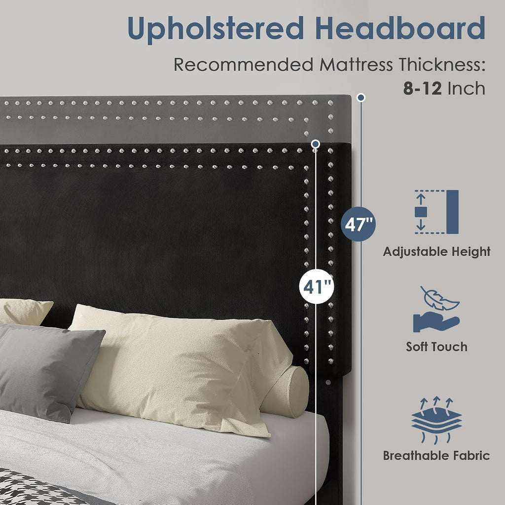 VECELO Full Size Upholstered Bed Frame with 4 Storage Drawers, Adjustable Velvet Rivet Decor Headboard, Wooden Slats Platform Support, No Box Spring Needed, Easy Assembly,Black