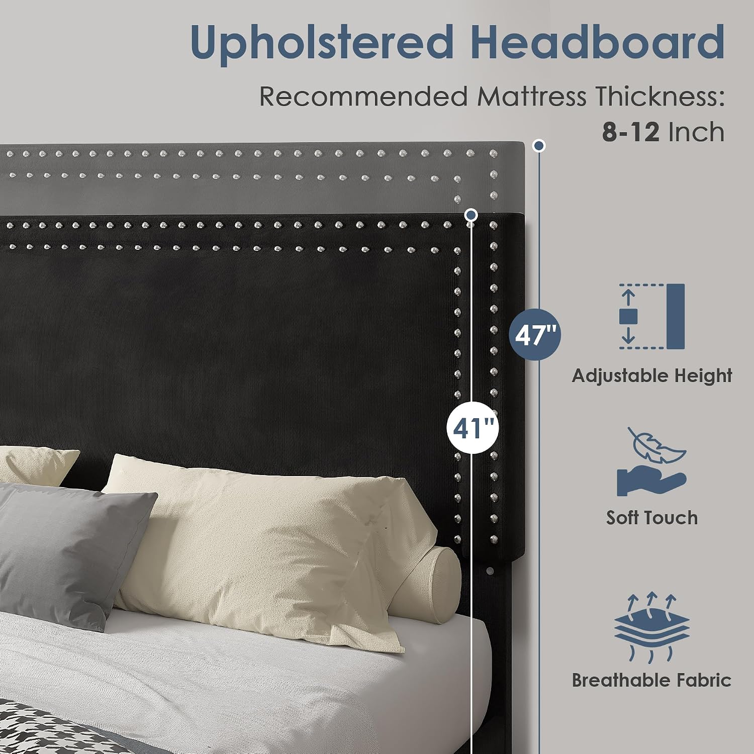VECELO Full Size Upholstered Bed Frame with 4 Storage Drawers, Adjustable Velvet Rivet Decor Headboard, Wooden Slats Platform Support, No Box Spring Needed, Easy Assembly,Black