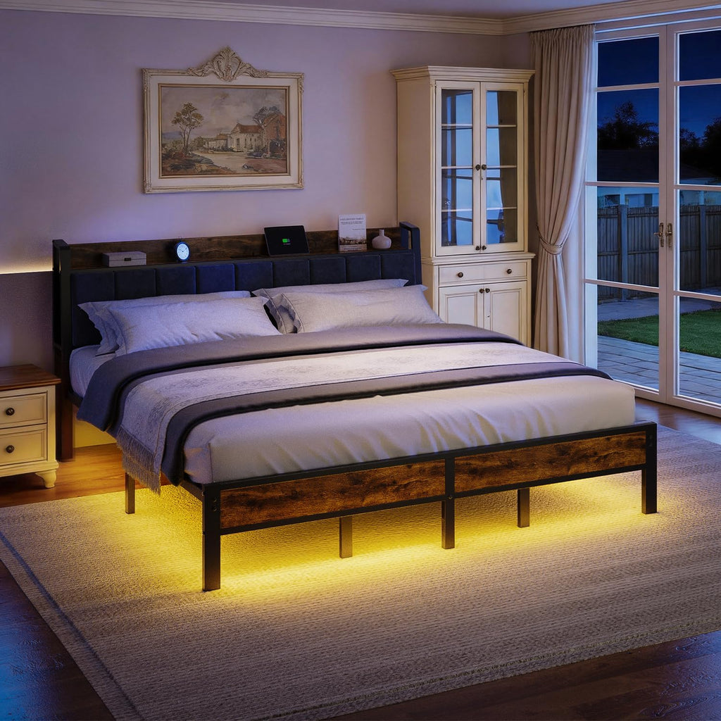 King Size Bed Frame with USB Charging Station, Storage Headboard with Smart LED Lights, Metal Platform Bed Noise Free, No Box Spring Needed, Easy Assembly