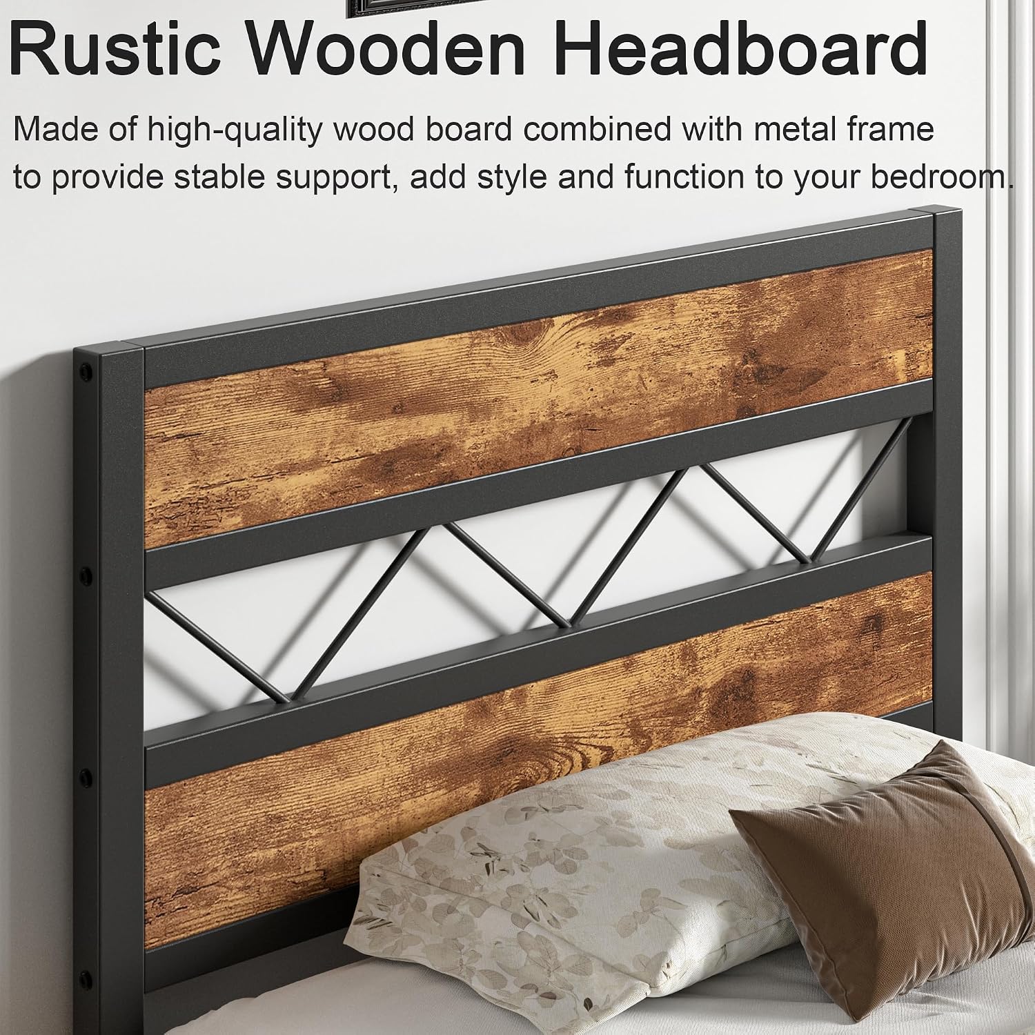 VECELO 2 Twin Bed Frame Set Metal Platform with Wooden Headboard, Heavy-Duty Metal Slats Support, No Box Spring Needed, Non-Slip, Noise Free, Easy Assembly, Black & Brown