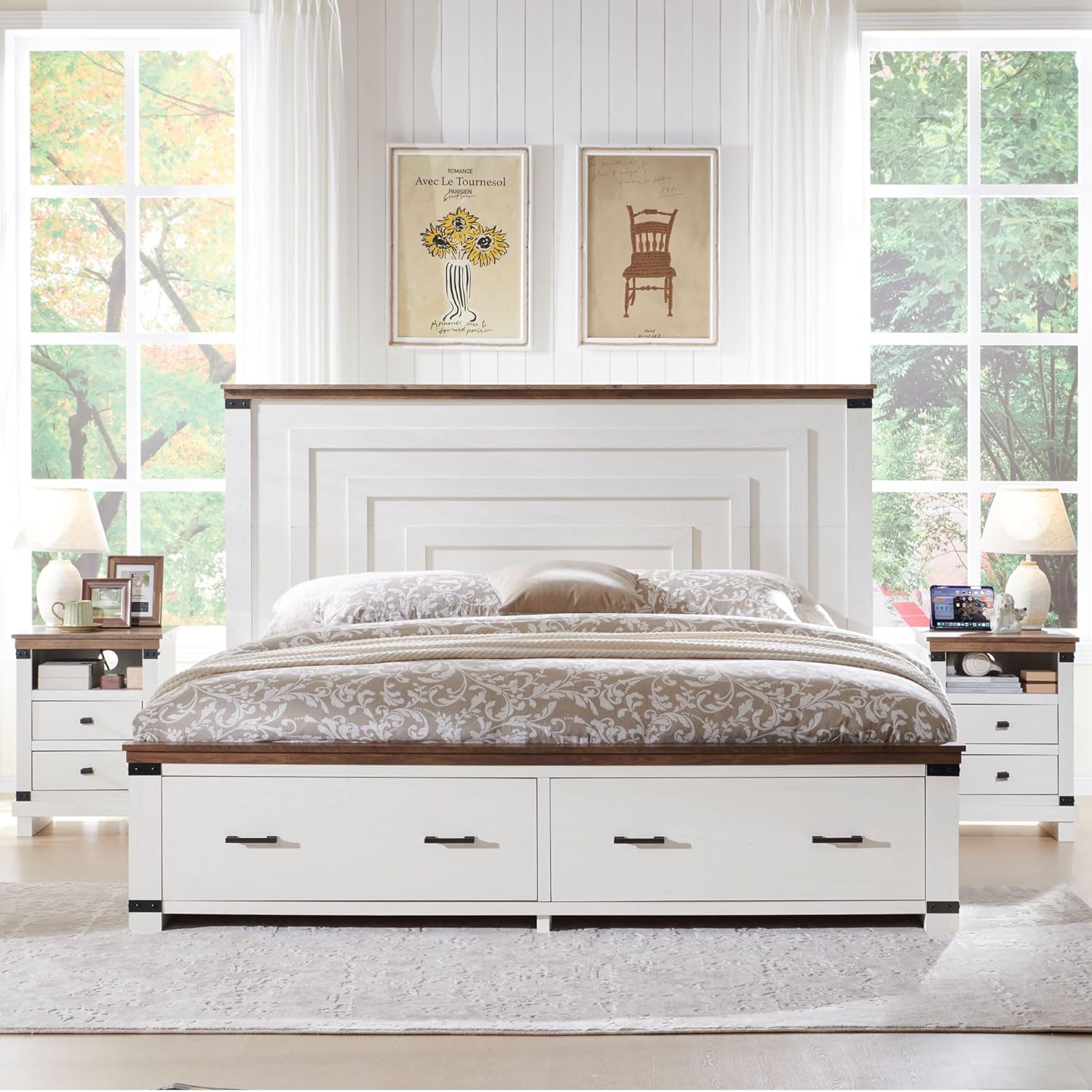 T4TREAM Farmhouse Queen Size Bed Frame with 54' Tall Geometric Headboard & 2 Large Storage Drawers, Rustic Wood Platform Bed with Wood Slats Support, No Box Spring Needed, Antique White