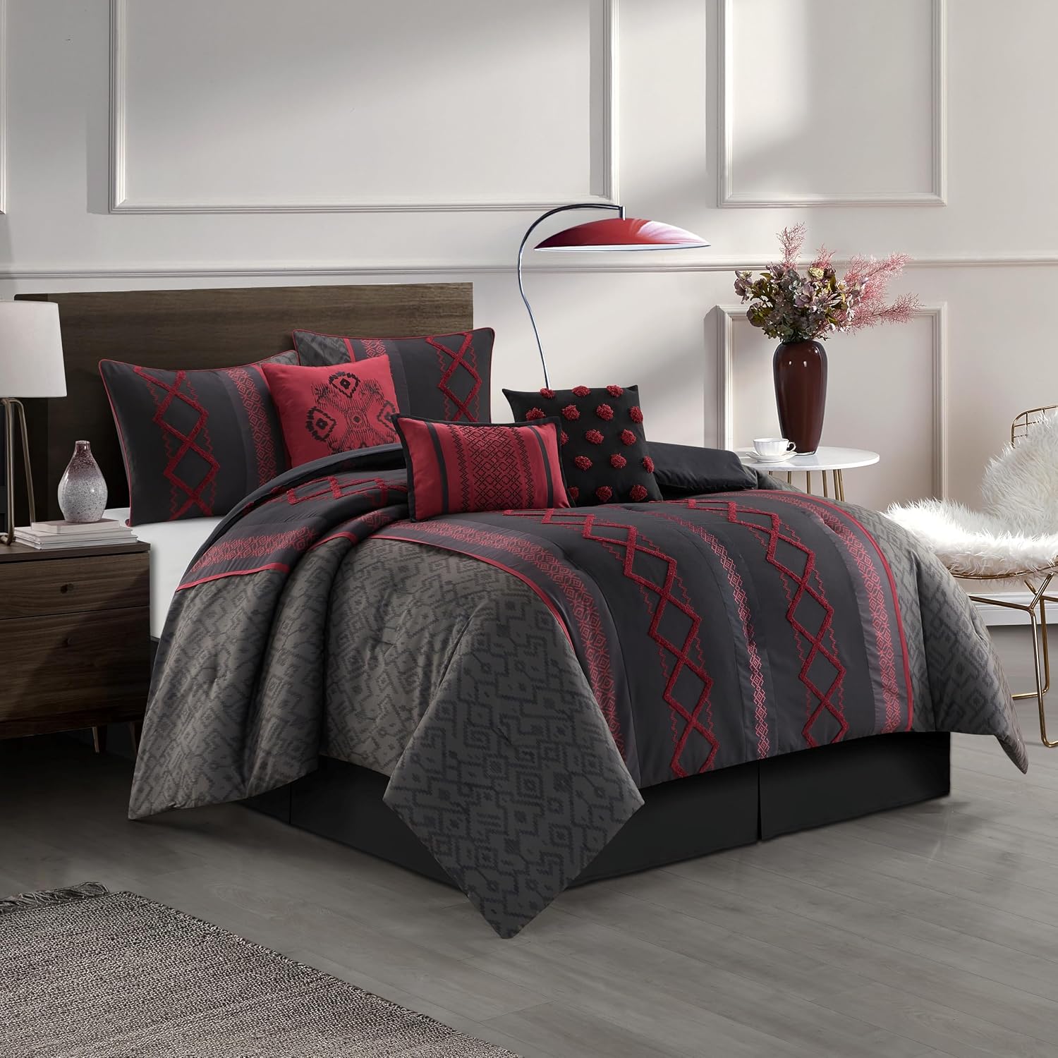 Stratford Park Luxury 7 Piece Cozy Comforter Set, King Size, Black and Red, Embroidered Bedding Sets, Premium Microfiber, All Season Home Décor